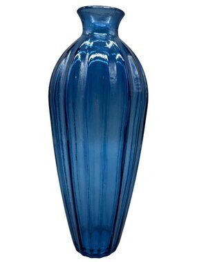 Blue Ribbed Glass Vase cobalt clear solid blue 11x1.5"